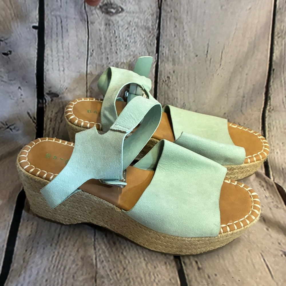 5/$20 Bamboo Retro Ankle Strap Espadrille Nautical Platform Wedges Green Sz 8